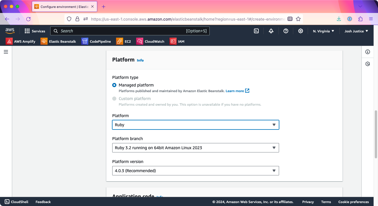 The 'Platform' selection box of the Elastic Beanstalk application creation wizard. Ruby is selected as the platform.