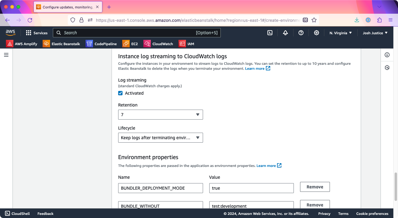 The 'Platform software' section of the Elastic Beanstalk application creation wizard. Under 'Log streaming,' the 'Activated' checkbox is checked.