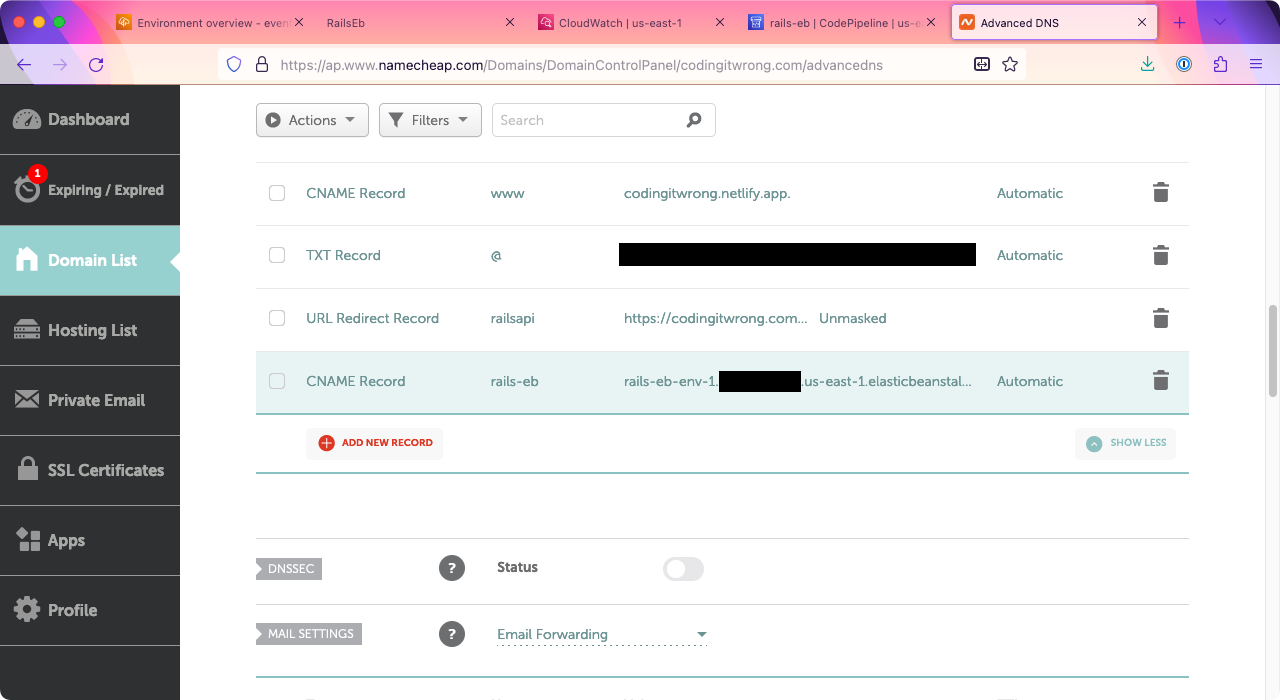 The NameCheap 'Advanced DNS' page for codingitwrong.com. A CNAME record for rails-eb has been added, pointing to a domain name on elasticbeanstalk.com