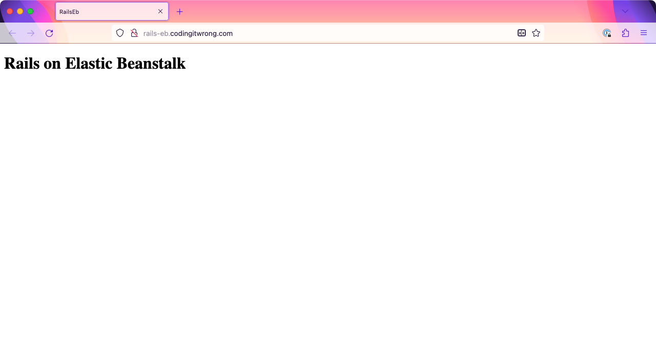 A browser showing domain rails-eb.codingitwrong.com. A heading says: 'Rails on Elastic Beanstalk'