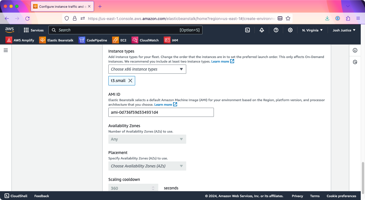 The 'Instance types' section of the Elastic Beanstalk application creation wizard. Only 't3.small' is selected as an instance type.