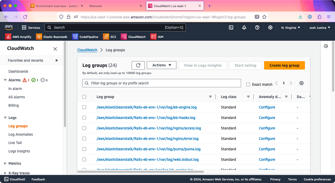 The CloudWatch 'Log groups' page, showing a series of log groups for Rails-eb-env-1.