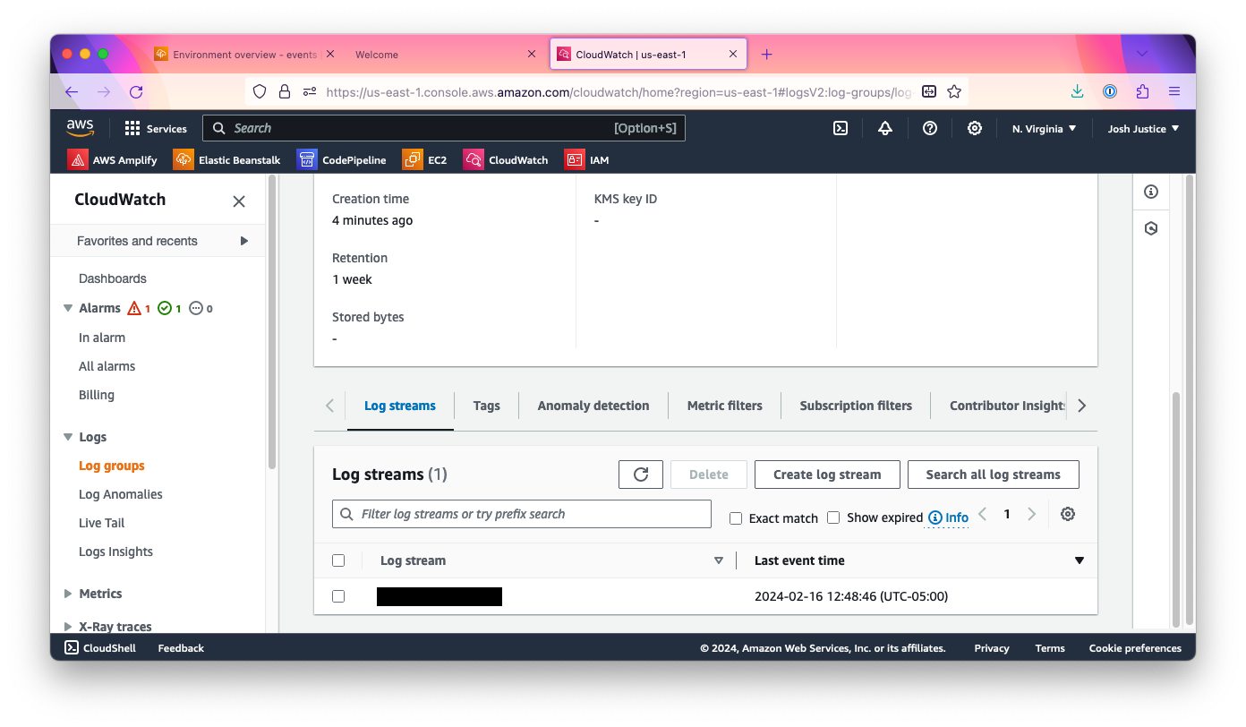 A 'Log groups' page in CloudWatch, showing a list of 'Log streams.'