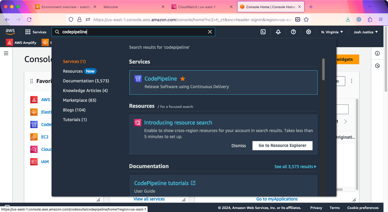 The AWS Console search, with CodePipeline selected.