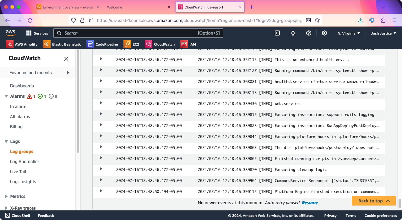 A 'Log groups' page in CloudWatch, showing log output ending with 'Platform Engine finished execution.'