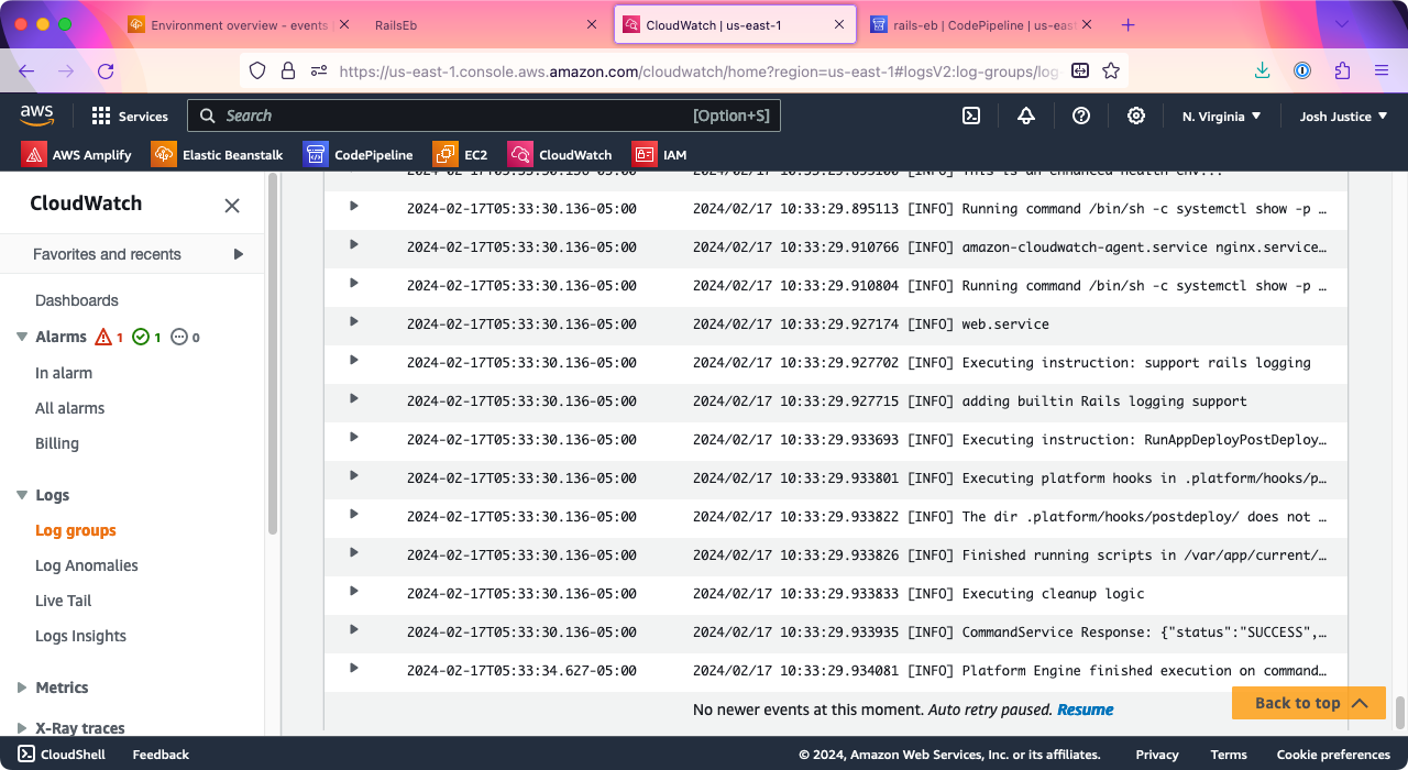 The CloudWatch 'Log groups' page, showing log output ending with 'Platform Engine finished execution'