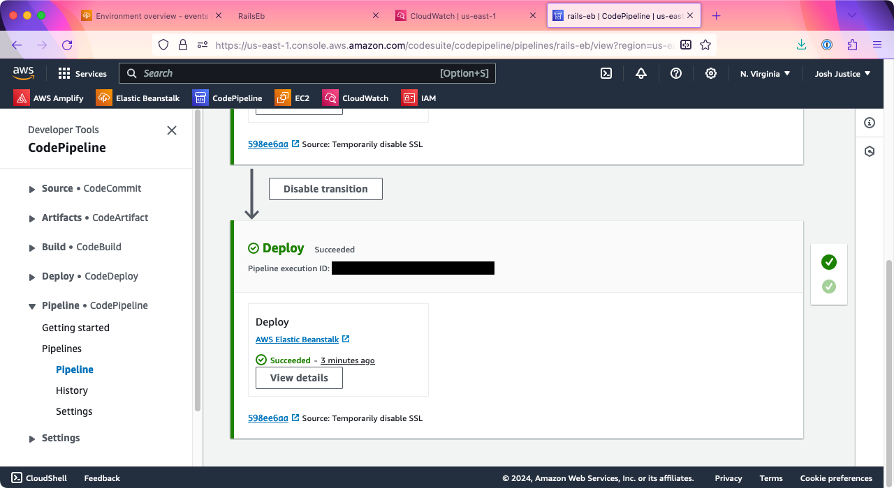 A CodePipeline page showing a Deploy step that has succeeded.