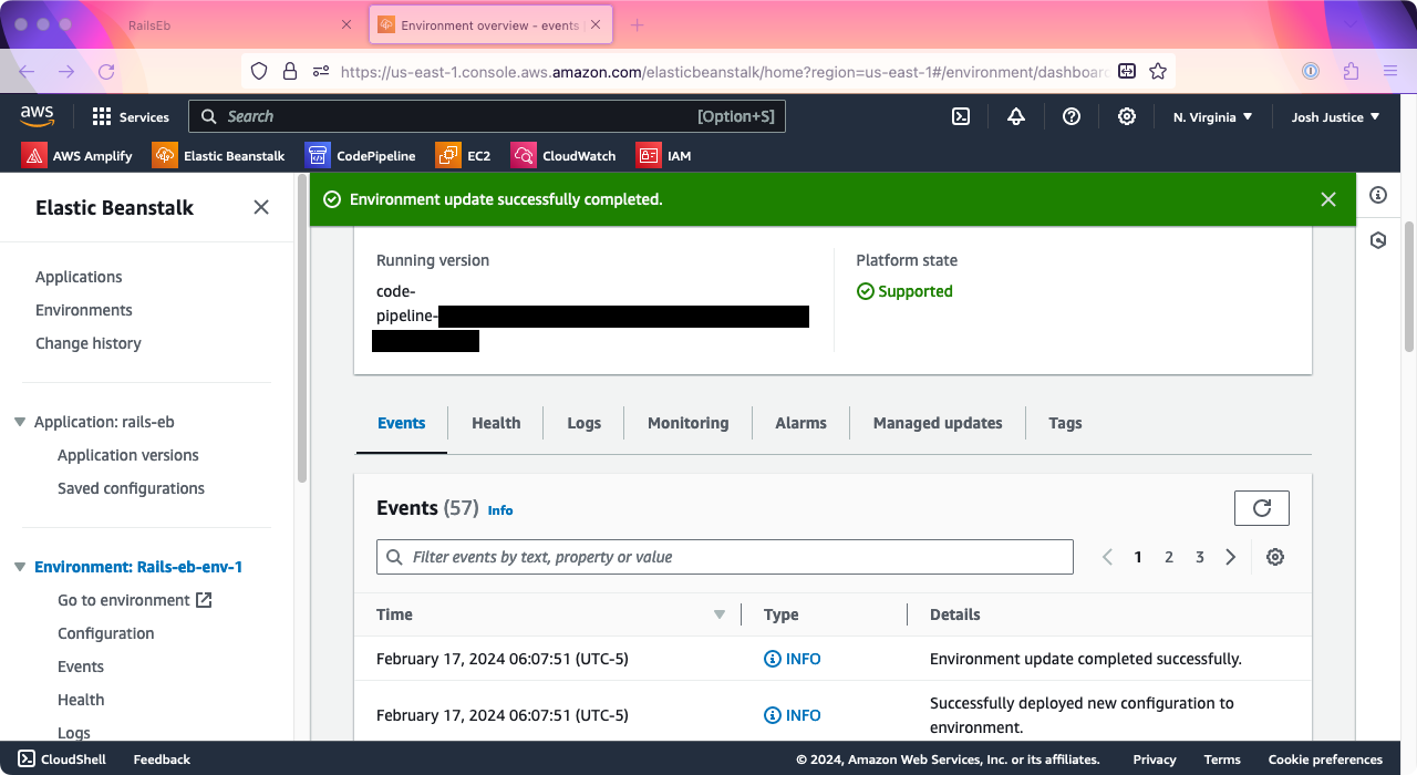 The Elastic Beanstalk Events tab for environment 'Rails-eb-env-1'. A message says: 'Environment update successfully completed.