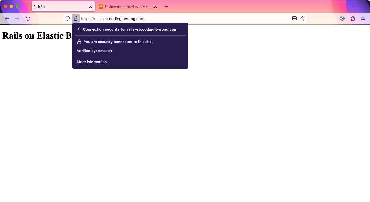 A web browser showing the site https://rails-eb.codingitwrong.com. The security menu says: 'You are securely connected to this site.'
