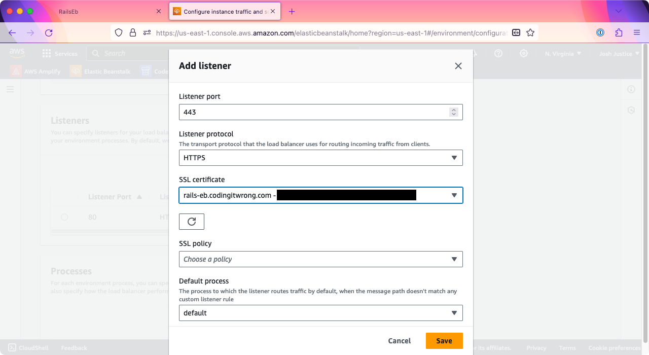 The 'Add listener' dialog in Elastic Beanstalk. It is configured with Listener Port 443, Listener Protocol HTTPS, and SSL Certificate 'rails-eb.codingitwrong.com'