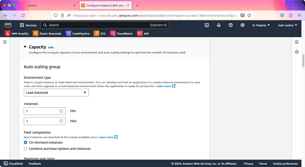 The 'Capacity' box in Elastic Beanstalk. 'Environment type' is set to 'Load balanced', and 'Instances' has a minimum of 1 and a maximum of 1.