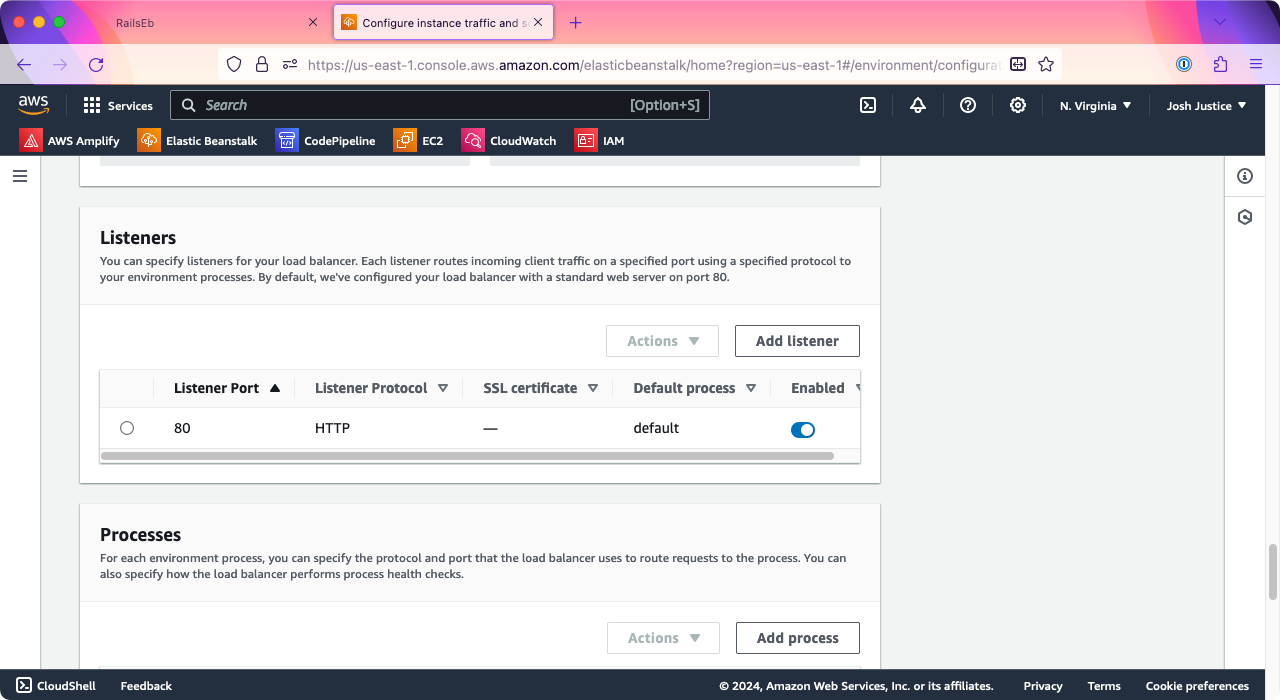 The Listeners box in Elastic Beanstalk. Only listener port 80 is configured.