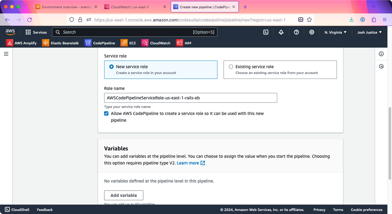 The 'Choose pipeline settings' page of the CodePipeline 'Create pipeline' wizard. Under 'Service role,' 'New service role' is selected.