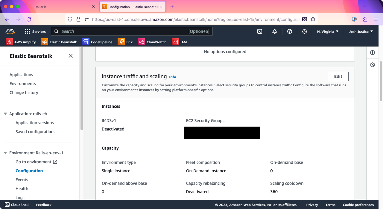 The Elastic Beanstalk Configuration page for environment 'Rails-eb-env-1'. The 'Instance traffic and scaling' box is shown.