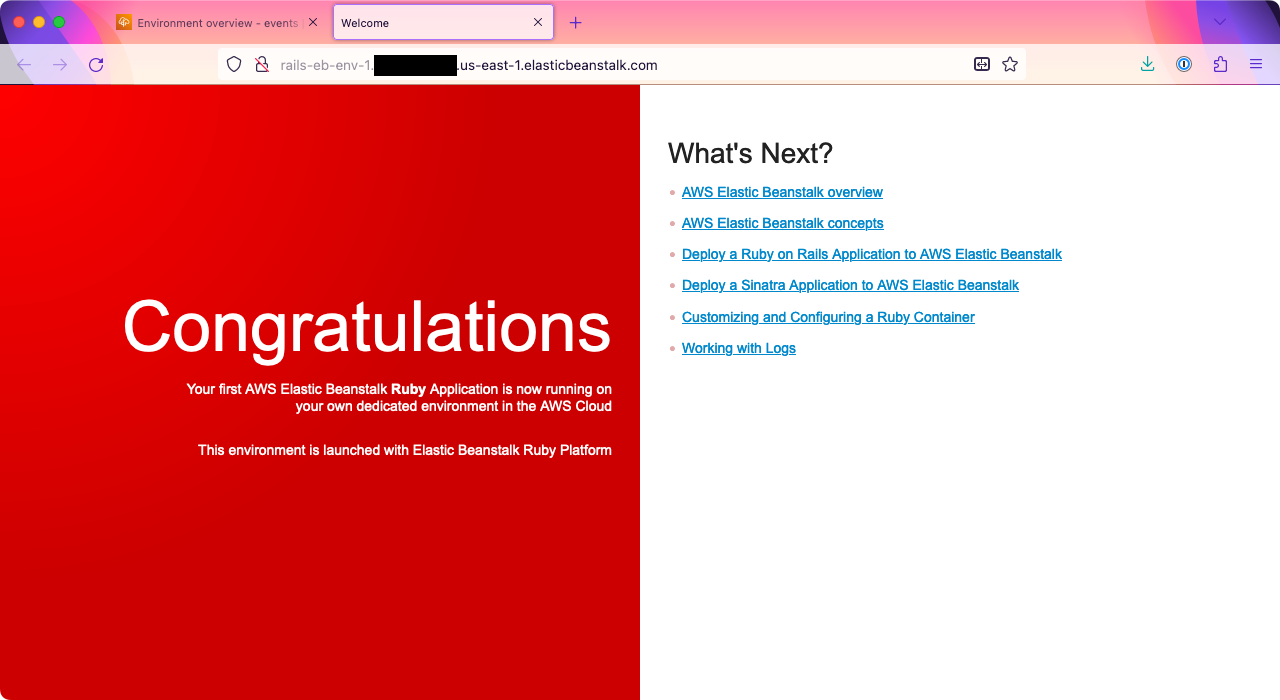 A web page with a message that says: 'Congratulations. Your first AWS Elastic Beanstalk Ruby Application is now running on your own dedicated environment in the AWS Cloud.