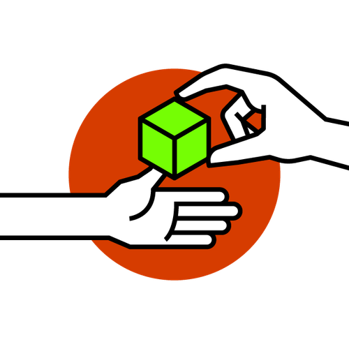 Icon of one hand dropping a cube in another hand