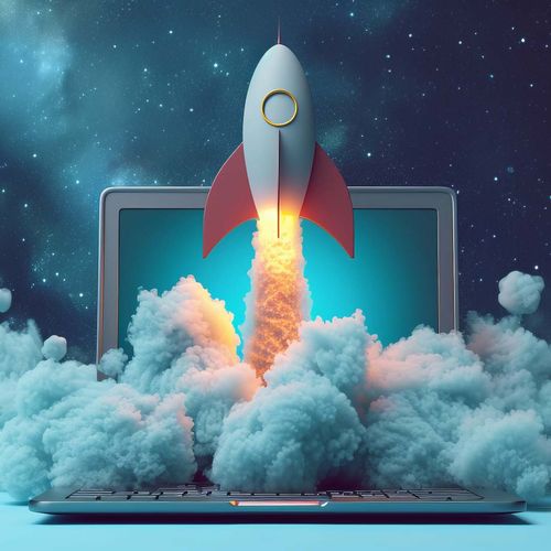 A rocket launching out of a laptop, symbolizing innovation and speed to liftoff. The background features a starry night sky, with the rocket surrounded by clouds of smoke, representing the burst of energy and creativity in the digital space.