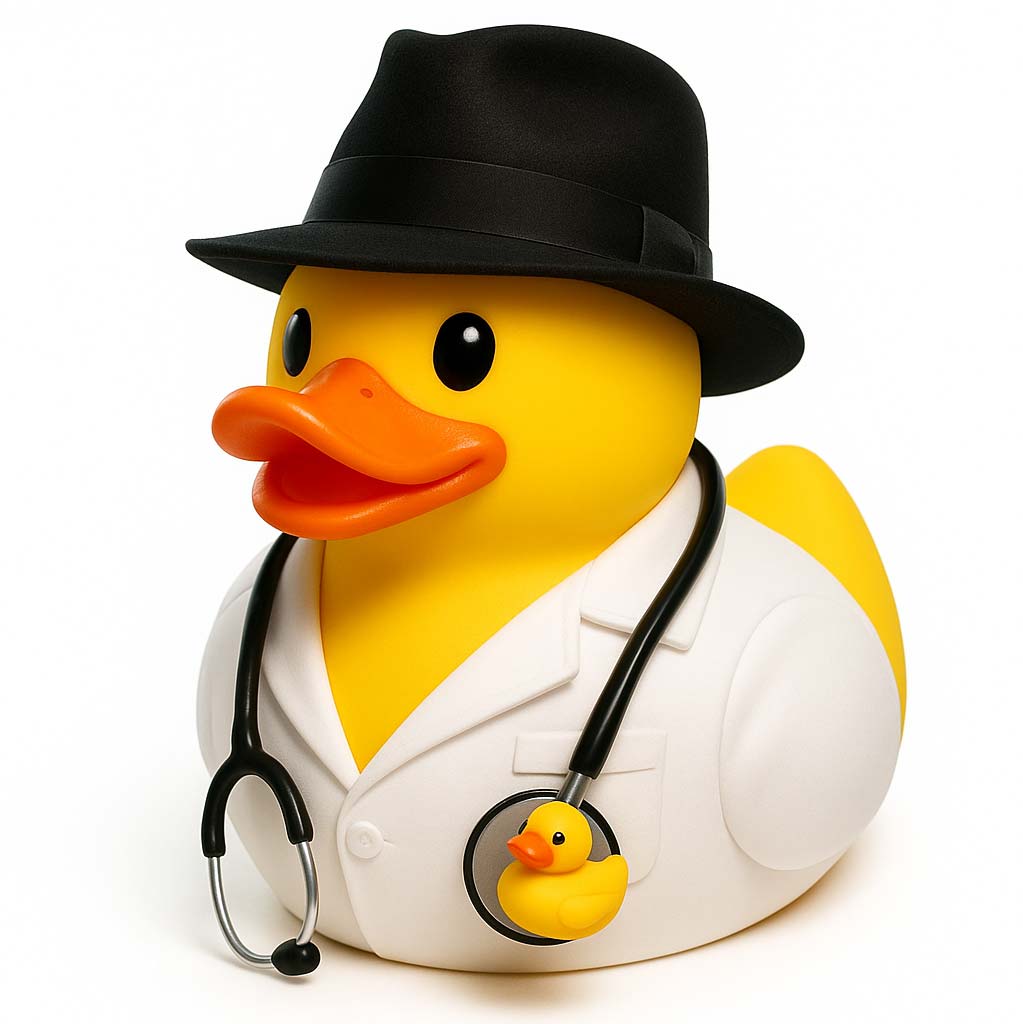 Rubber duck wearing a fedora, doctor's coat, and stethoscope