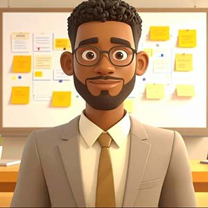 Business person standing in front of a white board with post-its