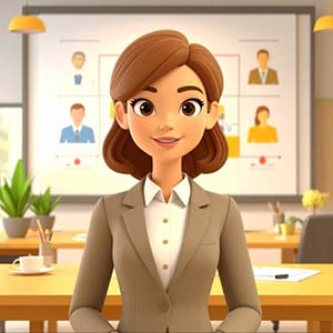 Business person standing in front of a presentation with an org chart