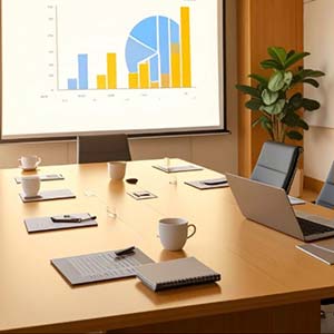 Conference room presentation showing layered bar chart and pie chart