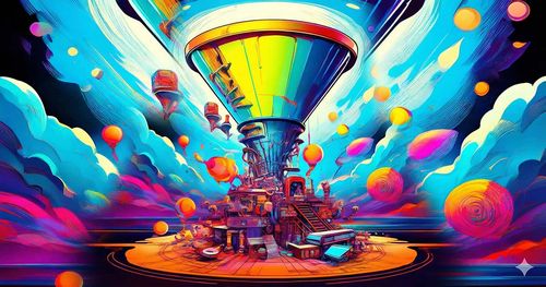 A machine in bright colors intakes objects in a large funnel and outputs transformed objects through the bottom