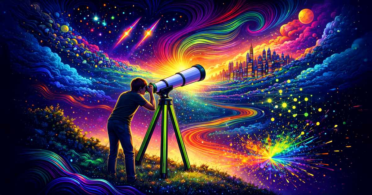 A figure looks off towards the horizon. On the left is a giant robot, on the right a splash of vibrant color, connected nodes and a city unfurl.