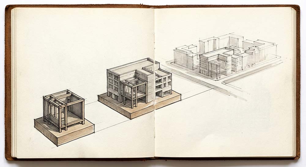 Line illustration of a building component, a building, and a city block of buildings