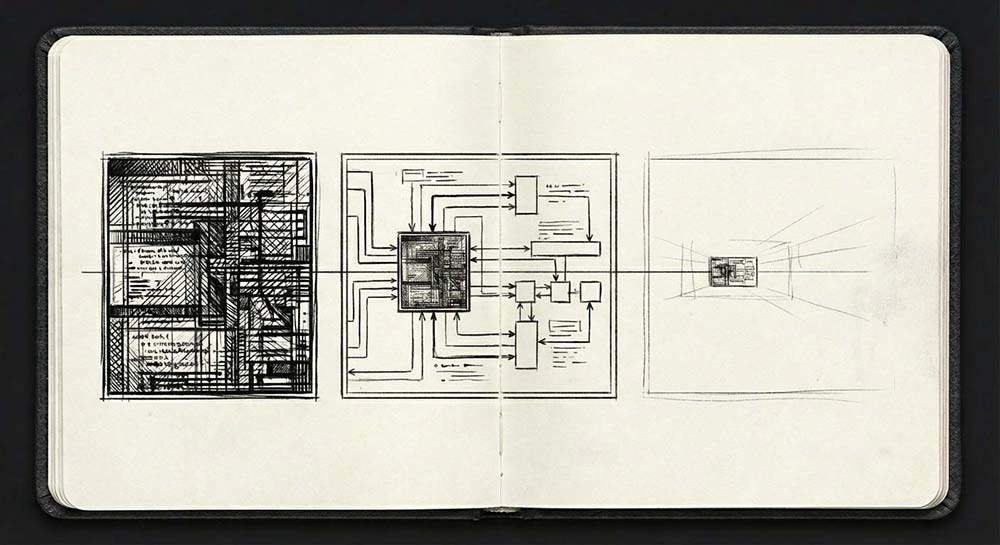 Line illustration of a computer chip, a motherboard, and an end product