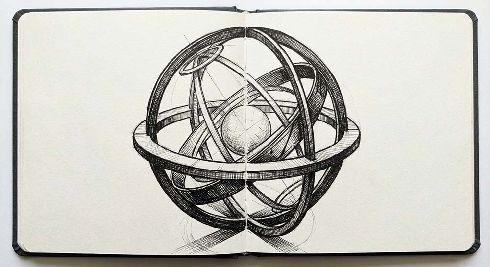 Line illustration of a sphere made up of multiple, intesecting rings