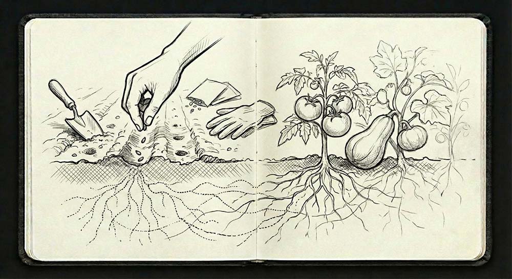 Line illustration of a person planting seeds and the vegetable plants that grow from those seeds