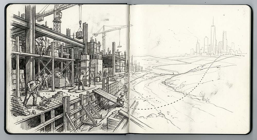 Line illustration of a building under construction with a dotted line to an imagined city