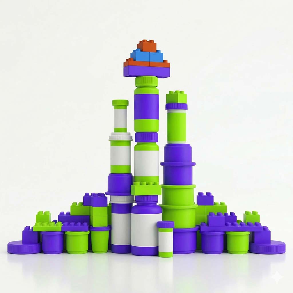 Strong foundation of lego blocks and toy prescription bottles with a tower forming in the middle