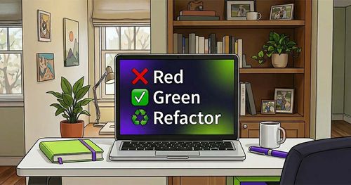 Laptop in a home office with screen displaying: Red, Green, Refactor