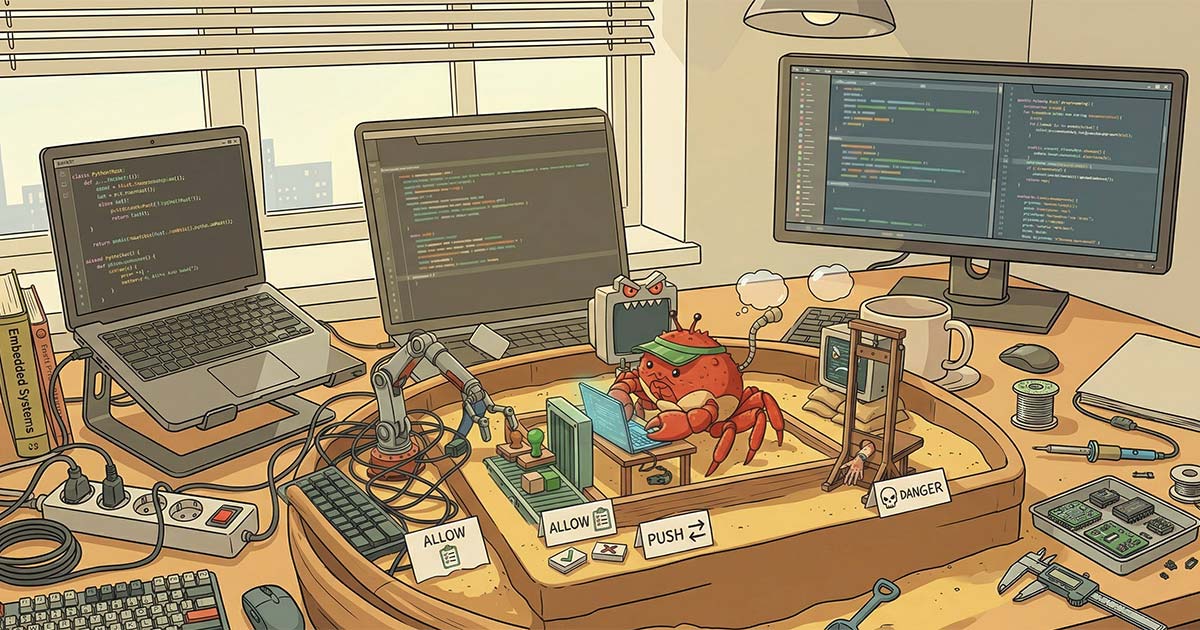 Crab working on a tiny laptop in a sandbox on top of a desk with monitors in the background