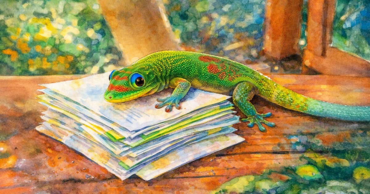 A watercolor gecko resting on a stack of documentation pages, evoking a small, alert companion native to the terrain.