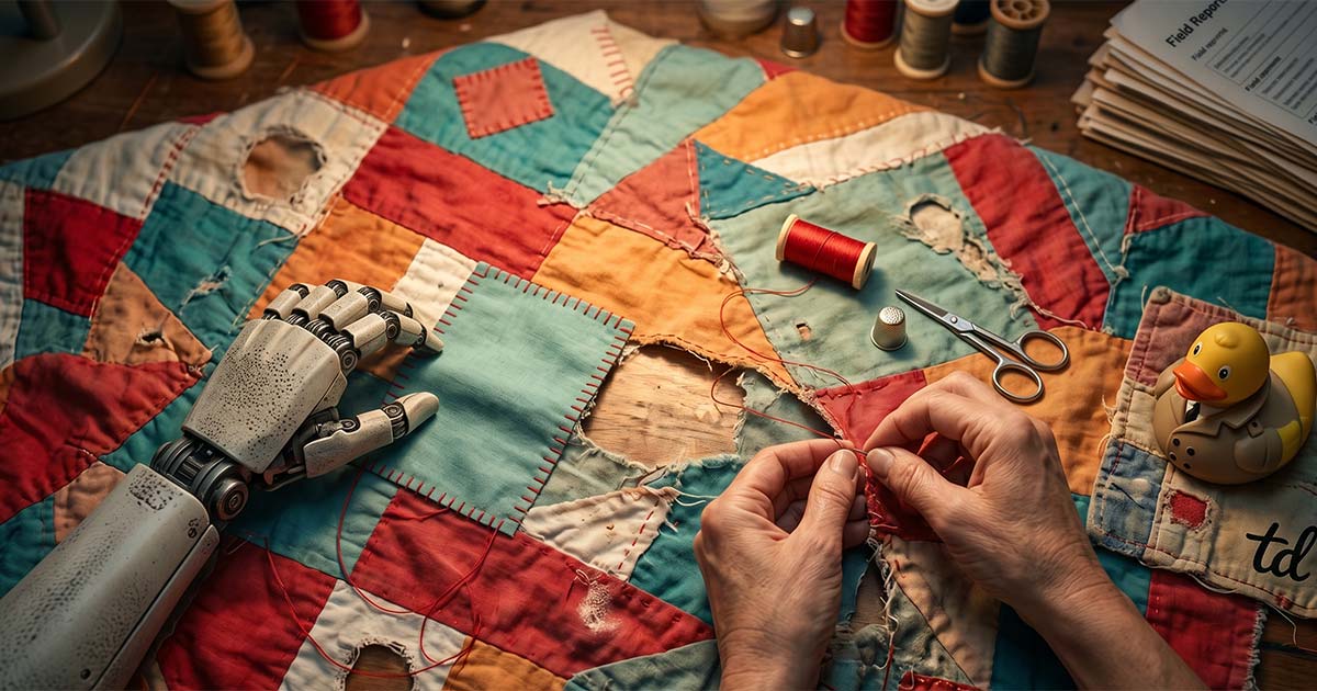 A human and a robot work together to restitch and patch a worn quilt