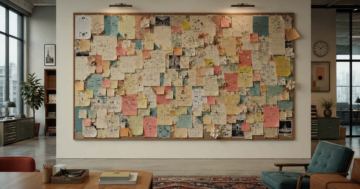 An idea board overflowing with both new and old post its and papers