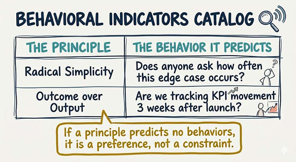 Behavior indicators catalog table on radical simplicity and outcome over output