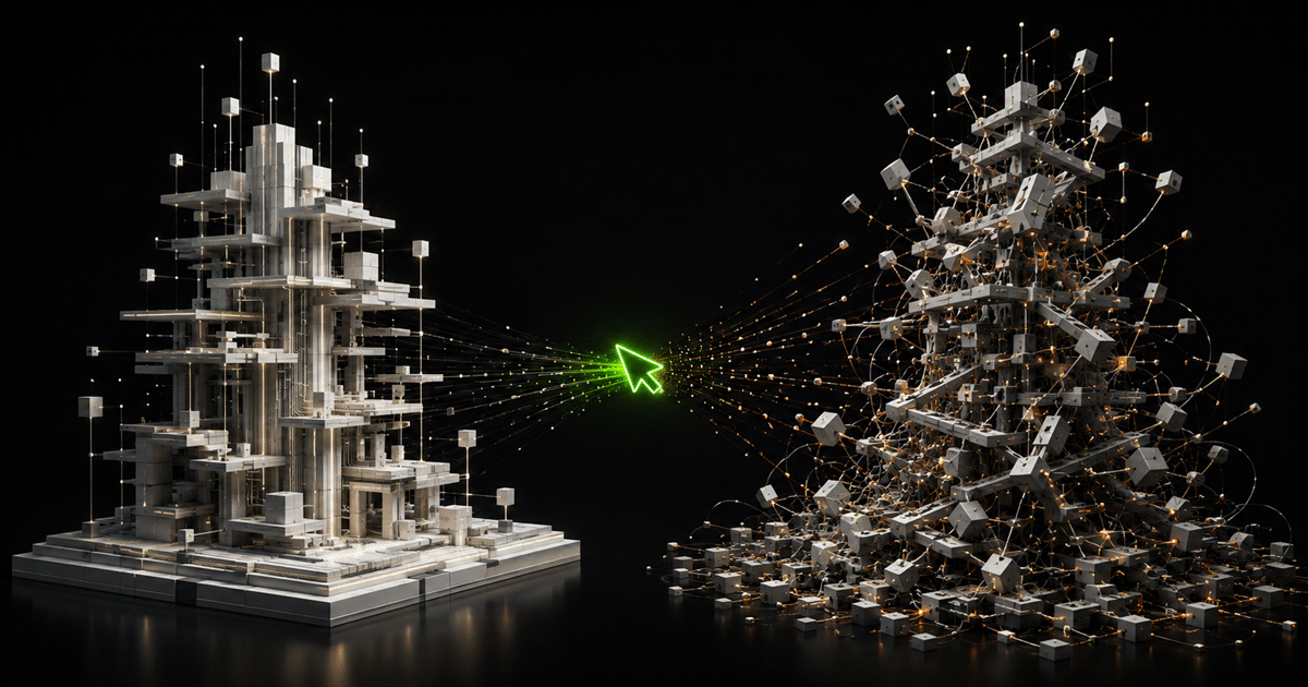 A green cursor sits between two software structures: one orderly and stable, the other tangled and chaotic.