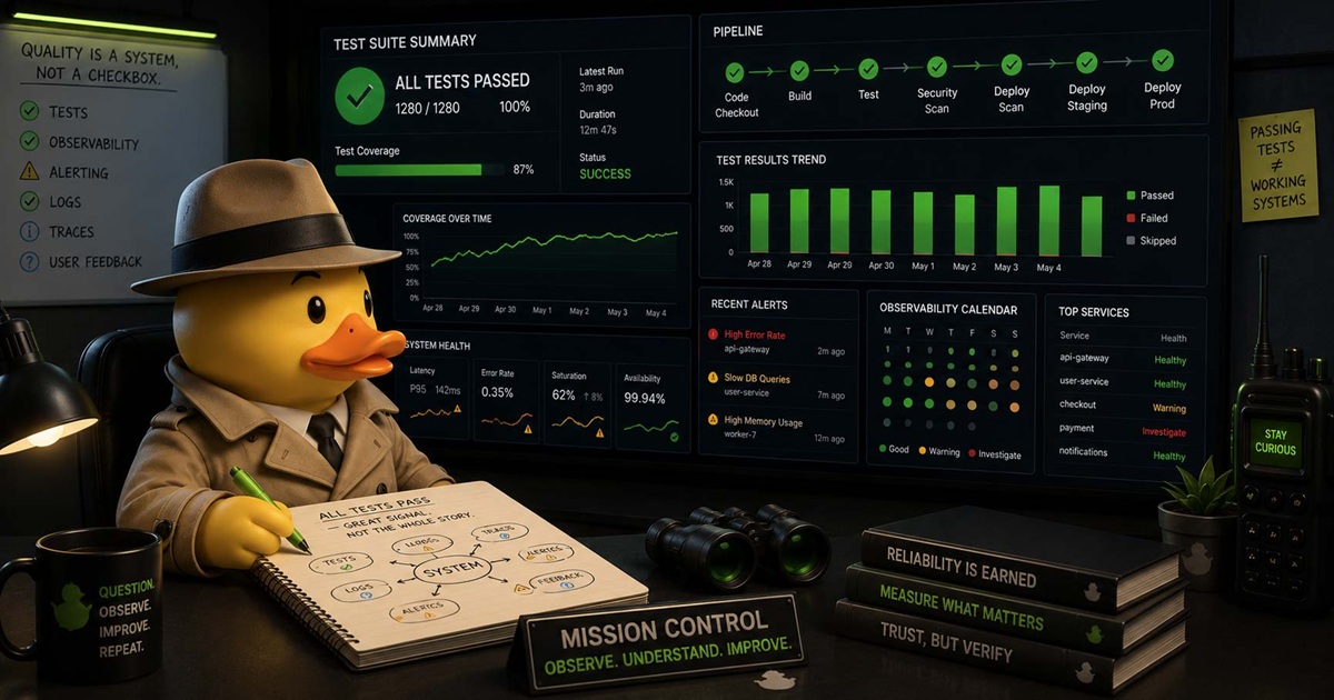 Rubber duck detective reviewing software test results and system health dashboards after all tests have passed.