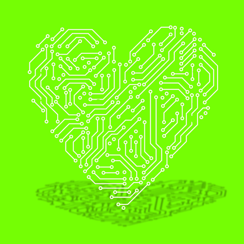 A white heart sits on a neon green background