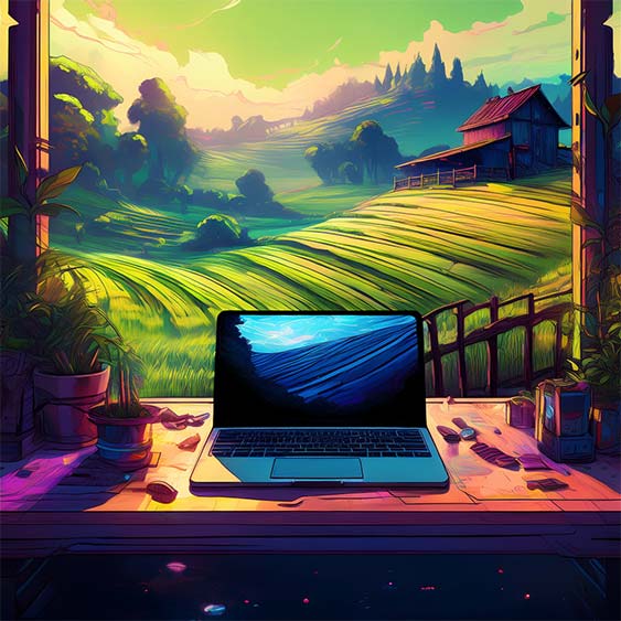 Modern workstation with a rural landscape in the background in afternoon light.
