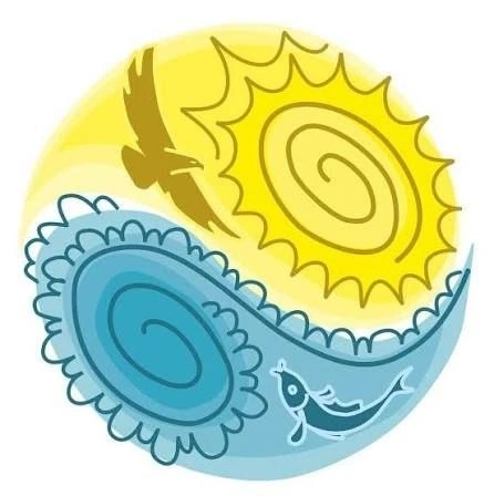 Stylized yin-yang symbol with a yellow sun and a brown bird in the upper half and a blue water design with a fish in the lower half.