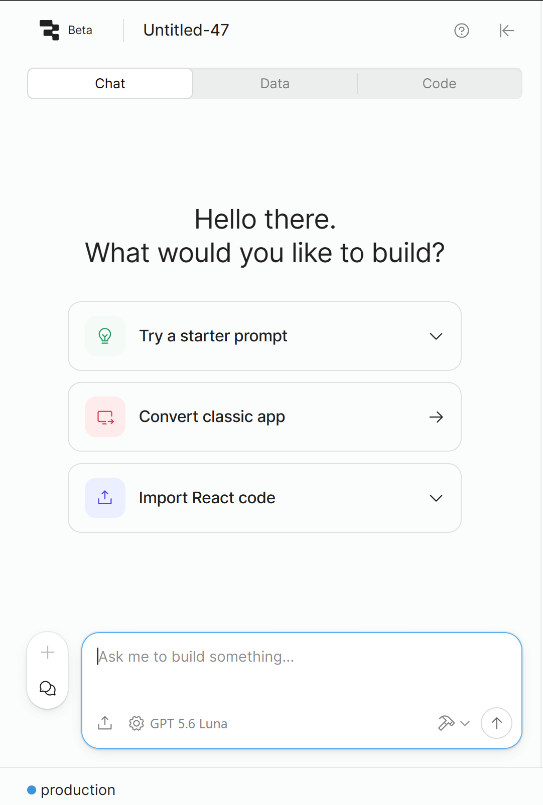 Retool new app builder showing the Convert classic app option
