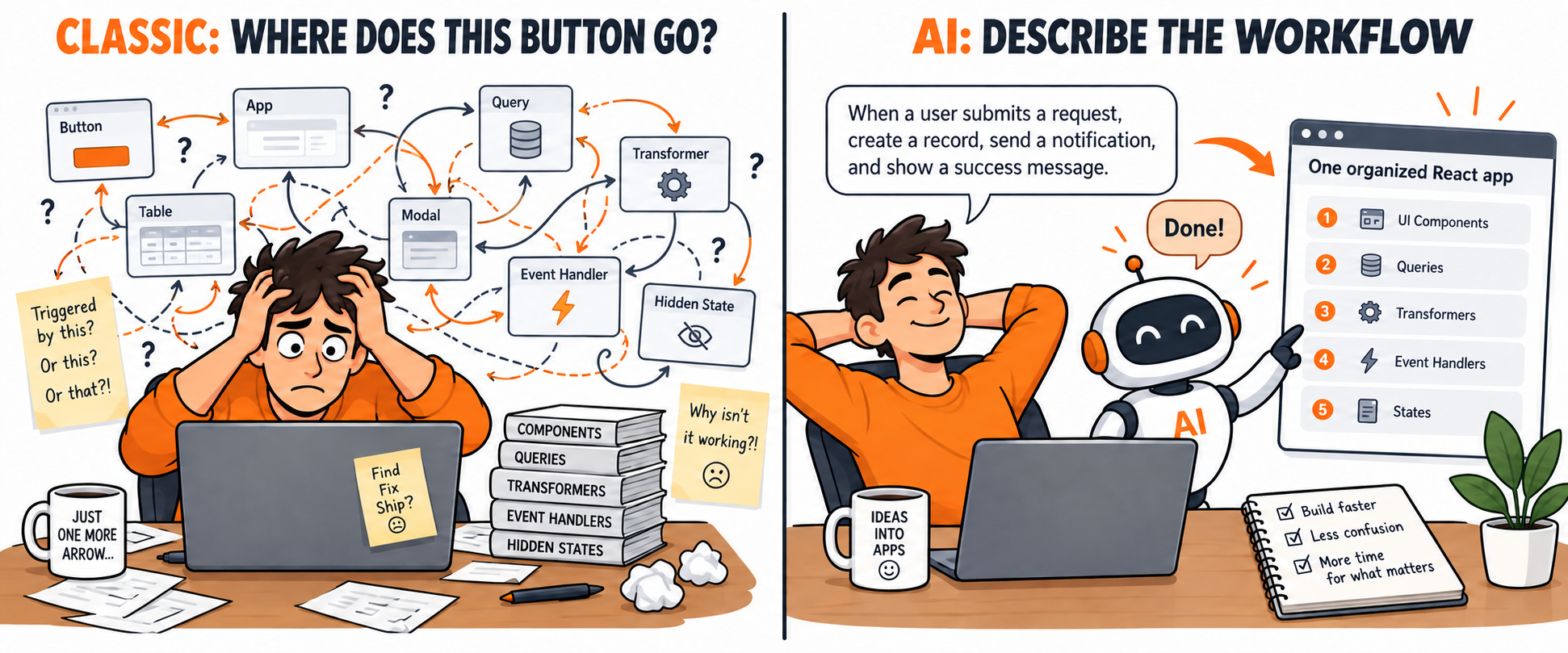 Developer tracing disconnected classic Retool pieces compared with describing a workflow to AI