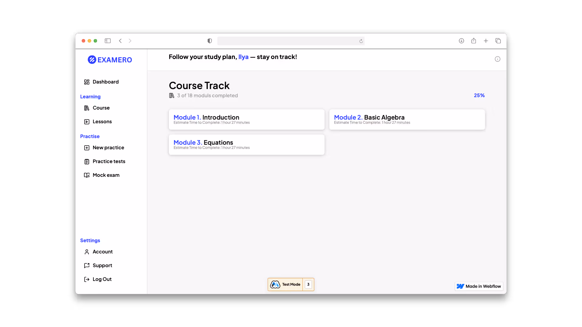 Examero online learning platform showing course track with three modules
