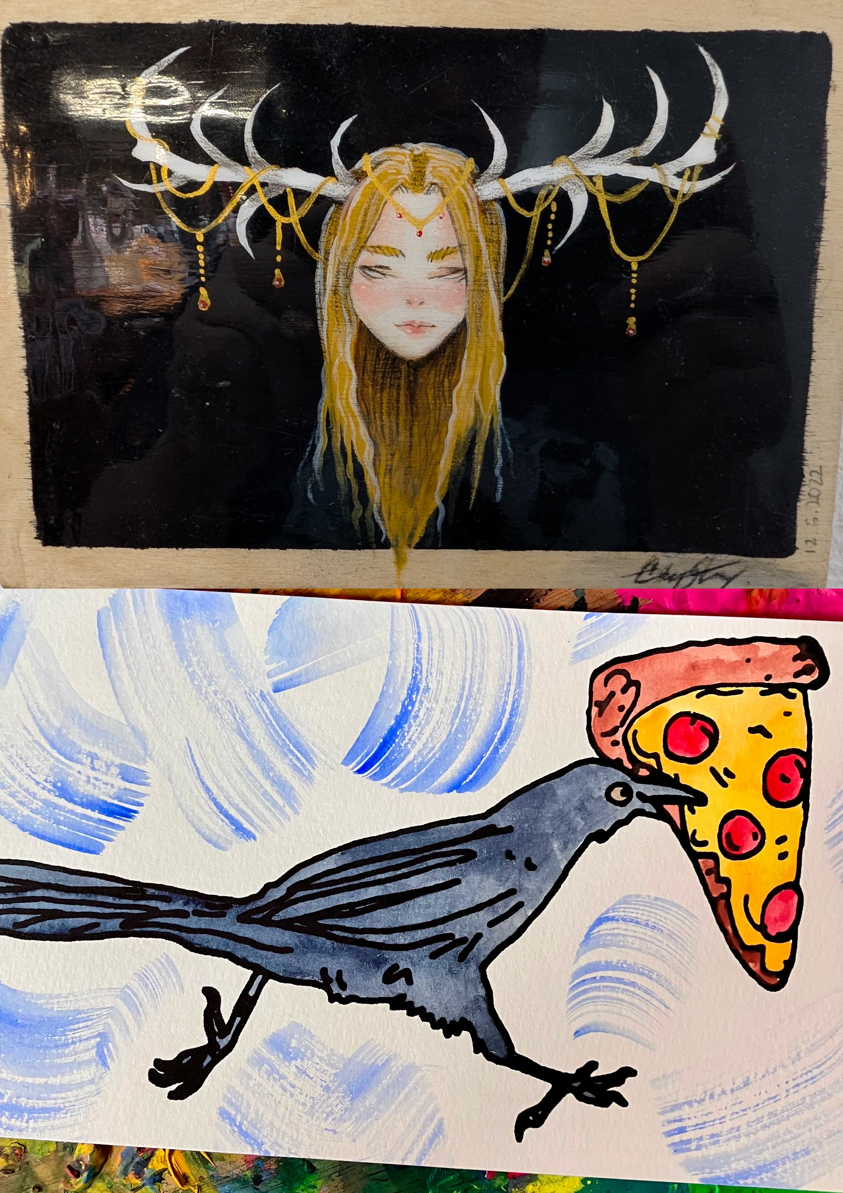 Two images, one of a gril with deer horns from Cherry and Hidden Stash's pigeon running with a pizza.