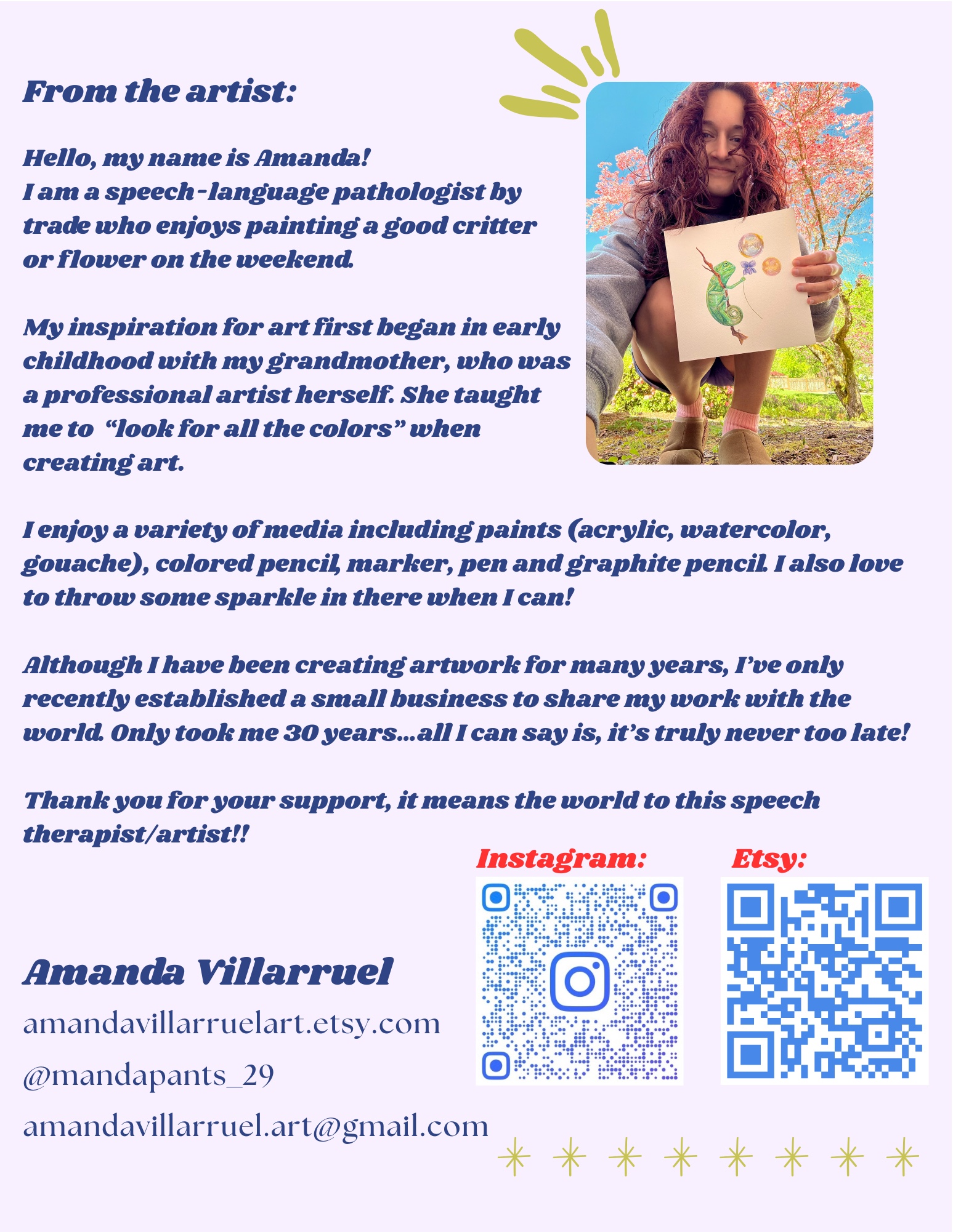 Note from Amanda with a brief description (similar if not identical to the bio above), instagram and etsy QR codes, and her socials - amandavillarruelart.etsy.com, @mandapants_29, and amandavillarruel.art@gmail.com