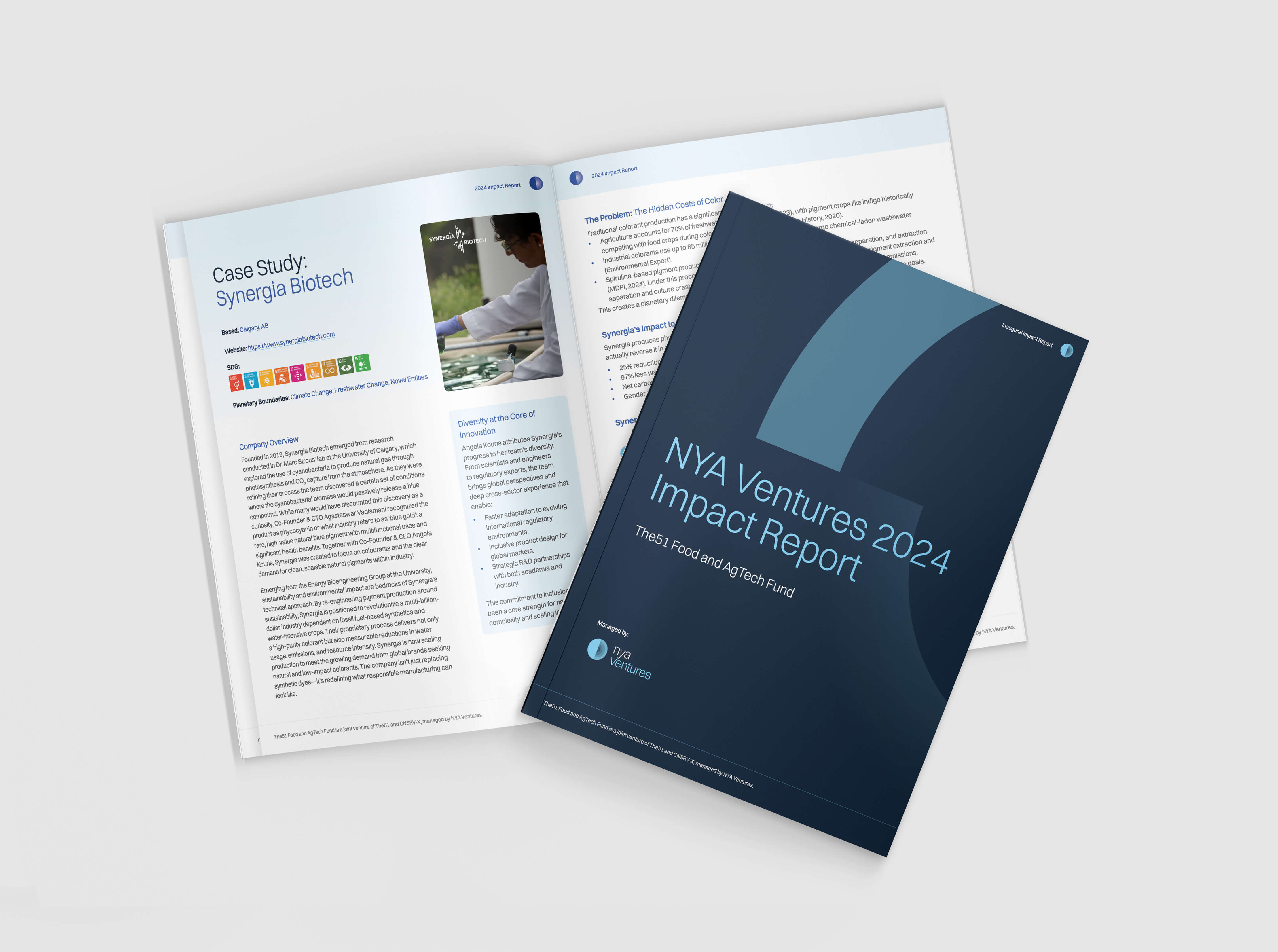 Image of the Inaugural Impact Report with the cover of the publication lying atop of a two-page spread.